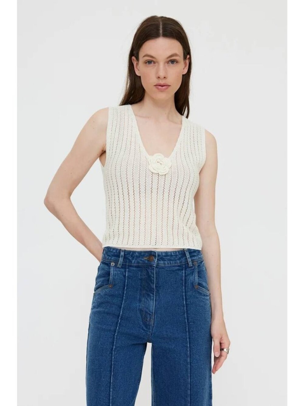 Massimo Dutti Knit Sweater Top SMALL Cream Floral Applique VNeck 5703/531 NWT